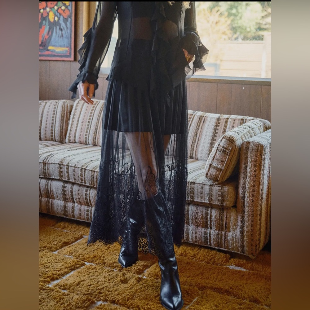 - Sheer Mesh Lace Mini Lined
Maxi Skirt